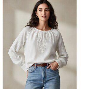 JOIE Mitney Embroidered Peasant Blouse Lined Damask Floral White Cotton Size S